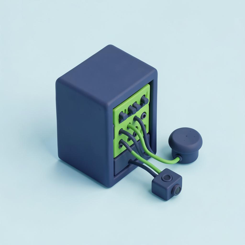 Clay-style illustration of a navy network rack with a green patch panel and neat cabling
