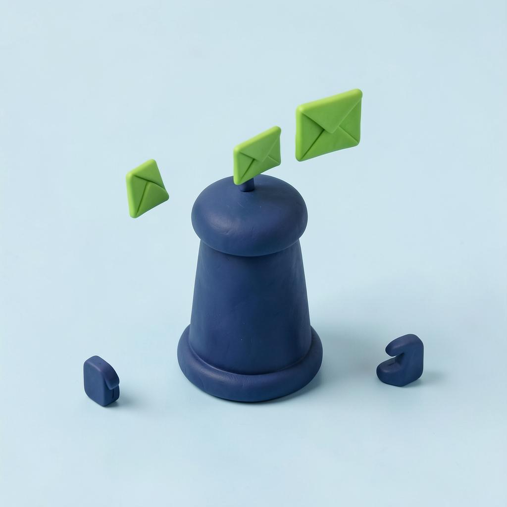 Clay-style illustration of a navy transmission tower sending green message envelopes