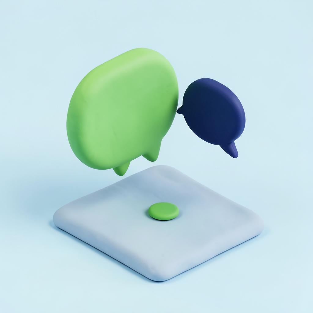 Clay-style illustration of a large green chat bubble beside a smaller navy one